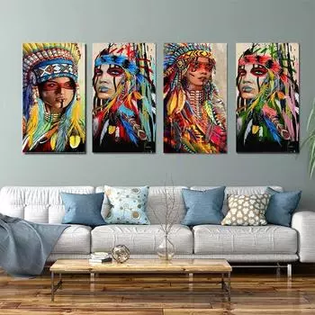 Поп-арт Индийская девушка Холст Картины Акварель Индийская женщина с перьями Плакаты и принты Настенные картины для домашнего декора без рамки 20*40cm