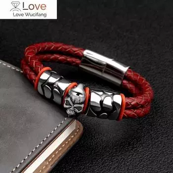 Поп-богемный стиль 316 нержавеющая сталь мужской браслет Ghost Head аксессуары плетеный винный кожаный женский браслет доставка 7 дней 22cm