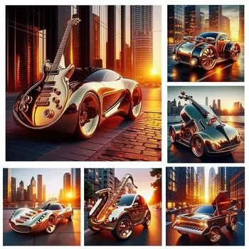 Поп-мир Мультфильм Музыкальные инструменты Искусство Автомобиль 5Ddiy Алмазная картина Красочные неоновые Роскошные автомобили Вышивка Стена Украшение для дома Full Round 20x20CM