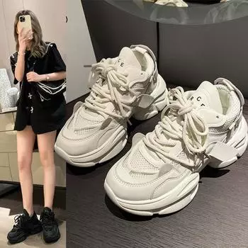 Pop Shoes Female Sneakers Fall Breathable Casual Wind Thick Bottom Muffin Shoes Durable Height Increase Shoes Plate Shoes 35 чёрный