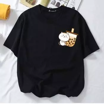 POPCLOSET Xs-3xl Cat Bubble Milk Tea Kucing Милая хлопковая футболка женская футболка женская мужская Baju Perempuan Lelaki Oversize XS темно-синий