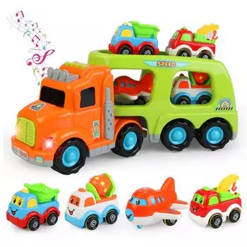 Popgaga Car Toy Construction Vehicle Set Truck Mini Car 1 2 3 4 5 6 Years Boys Girls Carrier Car Trainer Lights and Sounds Indoor Play Day