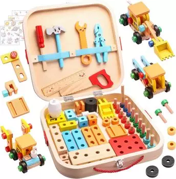 Popgaga Carpenter Set Сборная игрушка для мальчиков и девочек 3, 4, 5, 6, 7, 8 лет Деревянные игрушки Развивающие игрушки Деревянные игрушки Монтессори Инструменты Ролевые игры