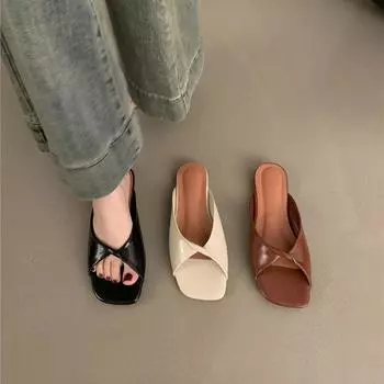 Popular 2025 summer new wear flat bottom sandals fashion open toe comfortable versatile one-word slippers women s senior 35 абрикосовый