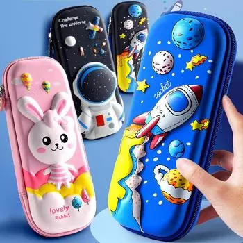 Popular 3D Cartoon PU Leather Pencil Cases Cute Unicorn Astronaut Horse Stationary Box Large Capacity Anti Fall Boys and Girls Universal Pencil Holder
