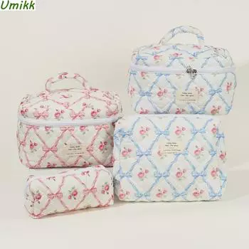 popular 3pcs Women Travel Handbag Cotton Makeup Bag Large Capacity Cosmetic Pouch Floral Aesthetic Toiletry Wash Bag Quilted Storage Bag синий