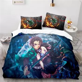 Popular Anime Demon Slayer 3d Bedding Set Kamado Tanjirou Kamado Nezuko Character Duvet Cover Set Pillowcase Cartoon Bed Sets 135x200cm