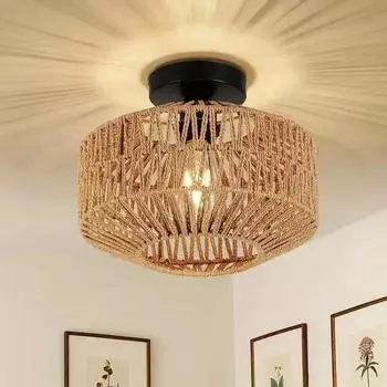 Popular Bamboo Ceiling Chandelier Hanging Lamp Handmade Rattan Fixture Weaving Home Living Bed Room Decor Ceiling Pendant Light
