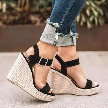 Popular big slope heel sandals women s spring and summer new one-word buckle with hemp rope straw fish mouth sandals 35 чёрный