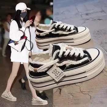 Popular canvas shoes summer women s 2024 new little white shoes muffin board shoes thin breathable foreign casual women s shoes 35 чёрный