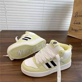 Popular casual high-top board shoes women s ins niche bread shoes 2024 autumn new leather shoes 35 светло-желтого