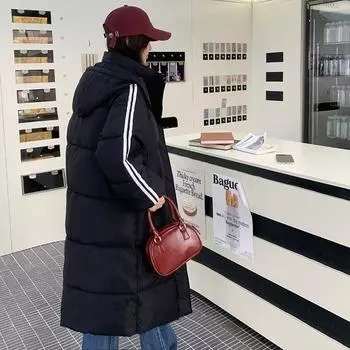 Popular down cotton clothes women s medium and long over the knee 2024 winter new loose thickened black cotton-padded hooded jacket S recommends about 90 to 59 kg чёрный