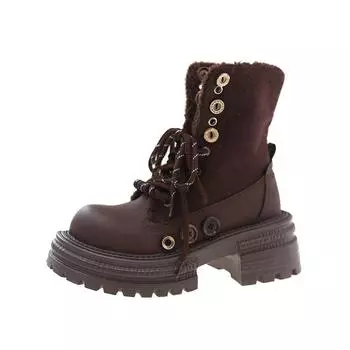 Popular fashion retro British style lapel Martin boots women s 2025 autumn and winter new two-wear button-tie velvet boots 35