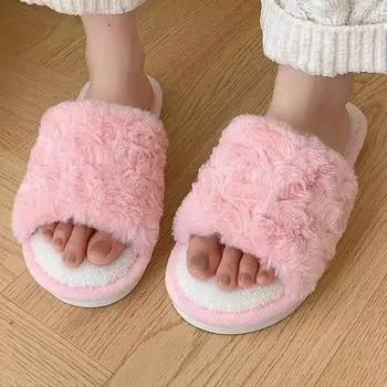 Popular open cotton slippers Winter home fur slippers keep warm plus velvet non-slip thick-soled cotton slippers 36-37fit23cm