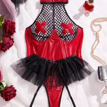 Популярное перспективное секс-нижнее белье из ПУ кожи с сетчатыми вставками и кольцами для ног, формирующее боди S