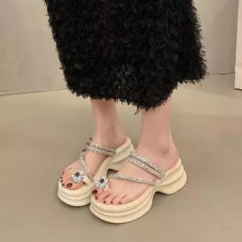 Popular set of toe slippers women s spring and summer new retro fashion rhinestone thick bottom with skirt one word cool slippers tide 35