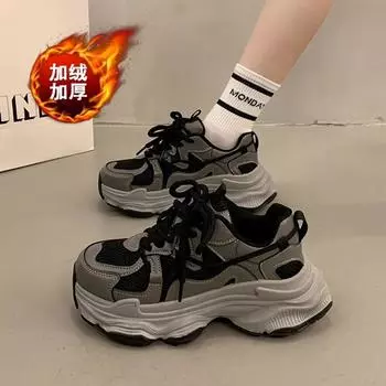 Popular shoes, dad shoes, women s velvet and thicker 2025 thick soles increase the high value of new casual versatile sports shoes 35