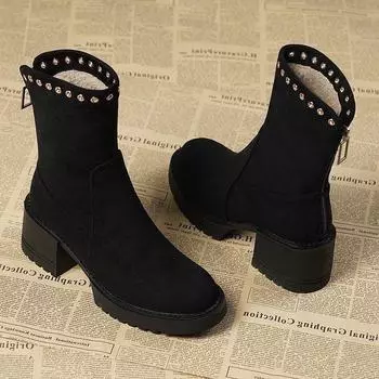Popular thick-heeled snow boots 2024 cotton shoes piled and thickened Martin boots platform women s shoes winter high-heeled short boots 35