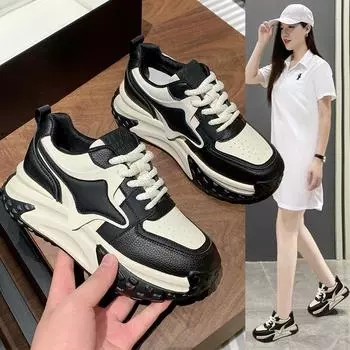 Popular thick-soled leather dad shoes women s 2024 autumn breathable thick-soled heightening ins trendy versatile casual sports shoes 35 чёрный