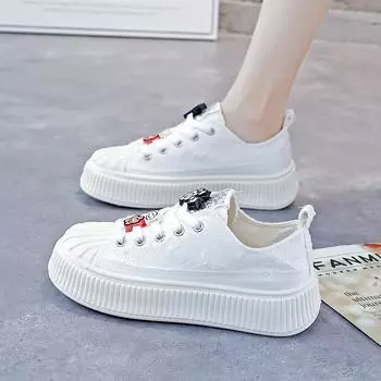 Популярные белые парусиновые туфли на толстой подошве для женщин, весна-осень 2024, новая универсальная повседневная спортивная обувь 35 белый
