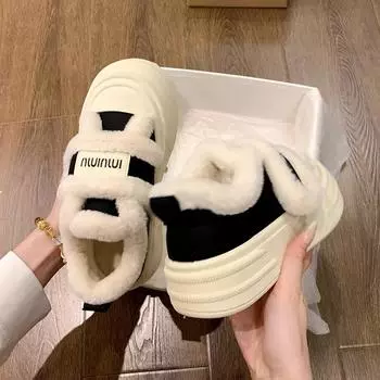 Popular thick-soled Velcro cotton shoes winter 2025 new plush thickened fluffy shoes warm muffin baseplate shoes women 35 чёрный