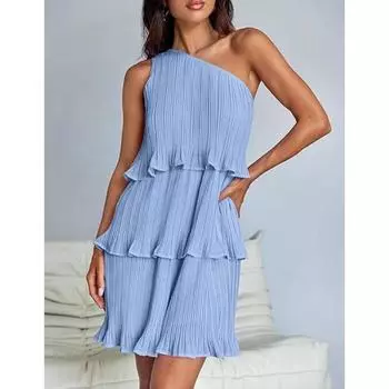 Popular Women s Cross Shoulder Layered Cocktail & Evening Dresses Patchwork Hem Pleated Sleeveless Dress S белый