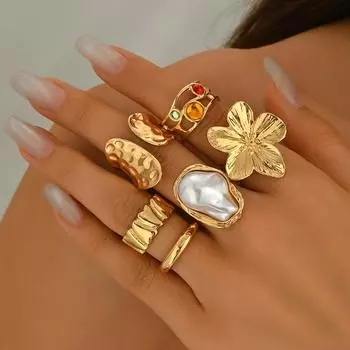 Popular women s geometric ring set, niche flower inlaid with special-shaped pearl design, open index finger ring