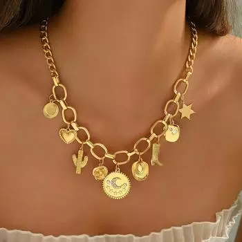 Popular women s necklace, geometric heart-shaped crescent moon design pendant with diamond collarbone chain versatile