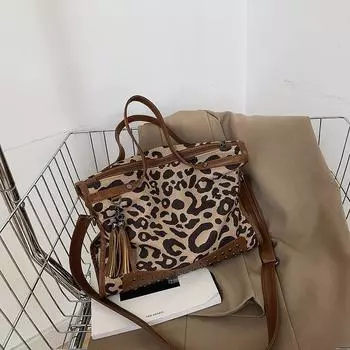 Популярная большая сумка с леопардовым принтом, повседневная сумка-тоут большой вместимости, сумка-мессенджер через плечо, женская сумка в европейском и американском стиле с заклепками отлив 33*11*34 чёрный