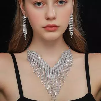 Популярная цепочка на ключицу с бахромой из стразов, новые преувеличенные полные серьги, набор ожерелий, цепочка, свадебные аксессуары
