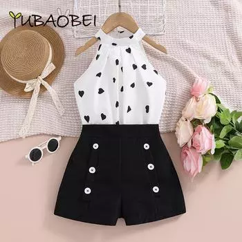 Популярная детская одежда 2024. Детские летние комплекты с принтом цветов, топы с лямкой на шее и шорты, модные костюмы для девочек 4Y чёрный