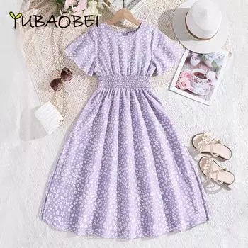 Популярная детская одежда, летнее фиолетовое платье принцессы с короткими рукавами и принтом, повседневные длинные платья с талией для девочек 8Y фиолетовый