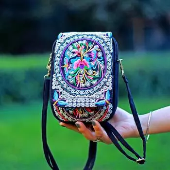 Популярная двухслойная сумка-плавник для мобильного телефона в этническом стиле в Юньнани, вышитая холщовая мини-сумка-кошелек Zero