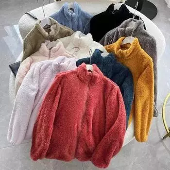 Популярная европейская и американская весенняя женская одежда, плюшевая флисовая куртка, куртка на молнии с длинным рукавом, коралловая флисовая куртка S слоновая кость