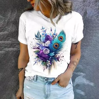 Популярная футболка 2024 года, женская футболка с круглым вырезом, модная женская элегантная футболка с коротким рукавом и принтом бабочки для отдыха S