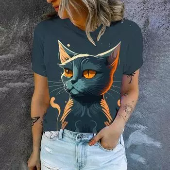 Популярная футболка 2024 года, женская футболка с круглым вырезом, модная женская элегантная футболка с коротким рукавом и рисунком кота с рисунком кота 4XL
