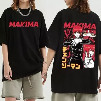 Популярная футболка с аниме «Человек бензопилы» Makima Power Denji, футболка с графическим принтом, мужская и женская одежда, повседневные футболки большого размера с короткими рукавами S чёрный