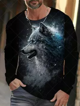 Популярная футболка серии Animal Wolf с 3D-принтом для мужчин, уличная верхняя одежда, повседневные футболки с длинным рукавом и круглым вырезом S