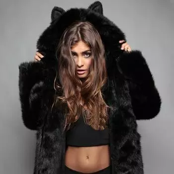 Популярная искусственная шуба женская с капюшоном и ушками из мультяшной плюшевой лисицы S белый