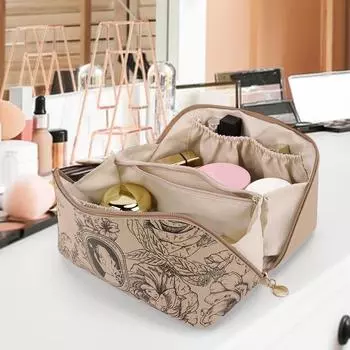 Популярная косметичка из искусственной кожи, переносная косметичка, большая вместимость, элегантная косметичка, водонепроницаемая, двухслойная, для путешествий на открытом воздухе хаки