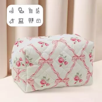 Популярная косметичка с милым бантом и цветочным принтом на молнии, дорожная косметичка, хлопковый стеганый косметический органайзер, большой чехол для женщин и девочек синий