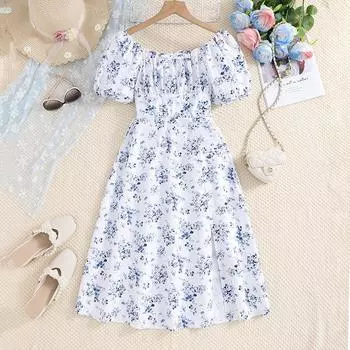 Популярная летняя детская одежда для детей 8, 9, 10, 11, 12 лет, синие платья с цветочным принтом, платье принцессы с короткими рукавами для девочек 8Y синий