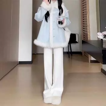 Популярная мода этого года - супер красивая, поздняя осень-начало зимы синяя плюшевая куртка женская новинка 2024 года осень и зима 40/45kg/S