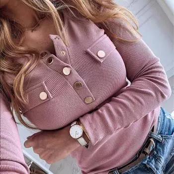 Популярная мода, высококачественная женская осенняя новая женская повседневная футболка с длинными рукавами на пуговицах, большой размер, тонкая однотонная блузка S чёрный