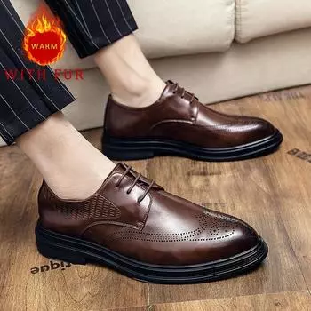 Популярная мужская деловая обувь на осень и зиму в классическом британском джентльменском стиле для отдыха, вечеринки, свадьбы, теплая обувь для жениха 38 чёрный