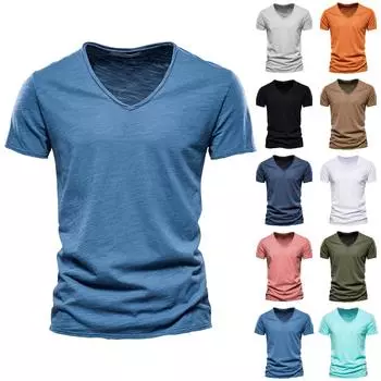 Популярная мужская новая цветная хлопковая футболка с v-образным вырезом и короткими рукавами, хлопковая футболка