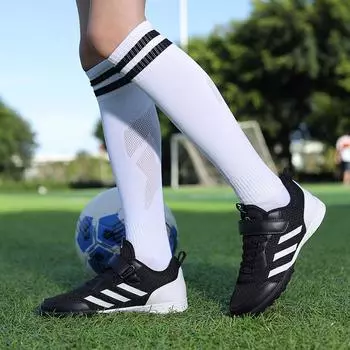 Популярная новая модная повседневная кожаная дышащая футбольная обувь для молодежи на открытом воздухе с нескользящей подошвой для тренировок по футболу 29 чёрный