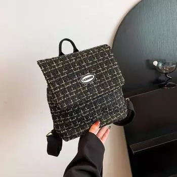 Популярная новинка этого года 2024 года — корейская версия шерстяной клетчатой сумки-рюкзака большой вместимости в иностранном стиле чёрный