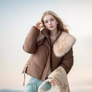 Популярная одежда из хлопка, женская короткая одежда, большой меховой воротник, одежда из хлеба, теплая куртка M