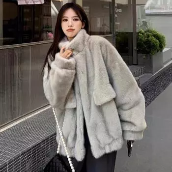 Популярная осенне-зимняя куртка из искусственного меха, средняя и длинная одежда из норки S серый